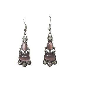 Silver Tone Dangle Earrings With Pink Cat Eye Stones